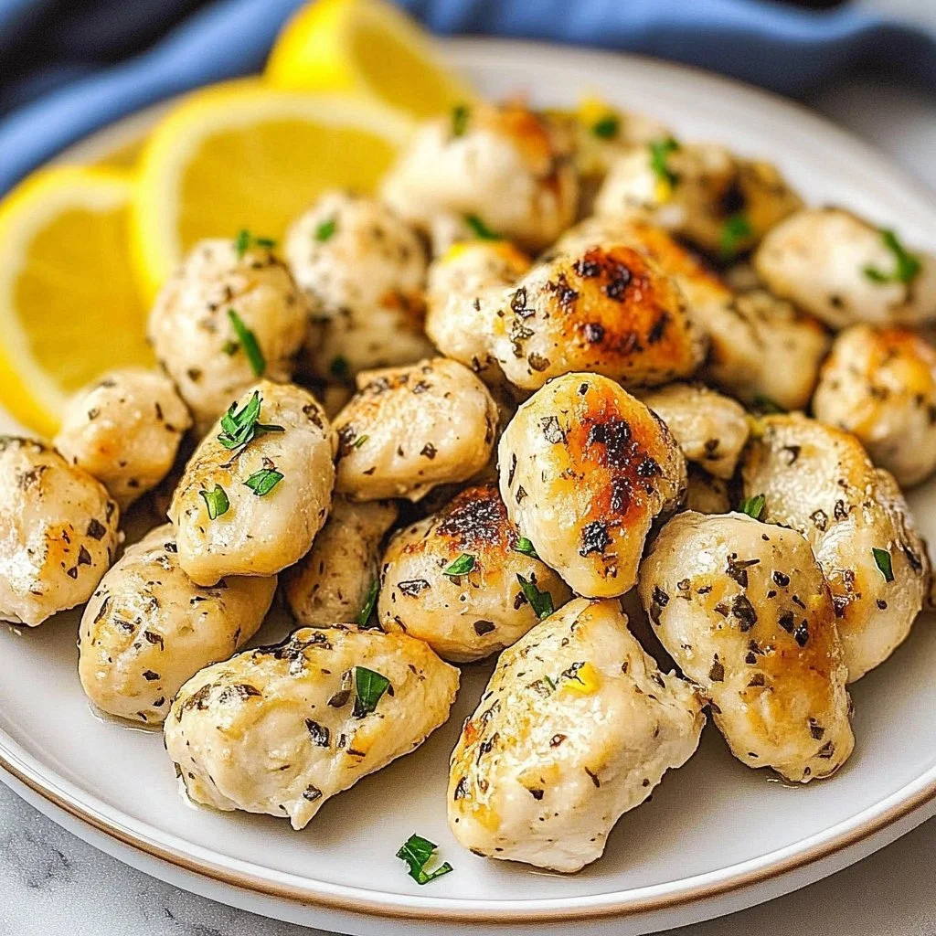 Air fryer lemon chicken bites seasoned with herbs and spices.