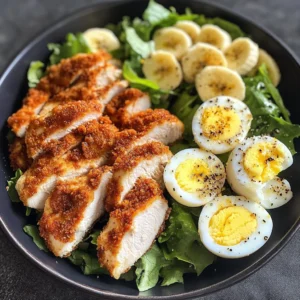 Crispy chicken and egg salad bowl with banana and greens