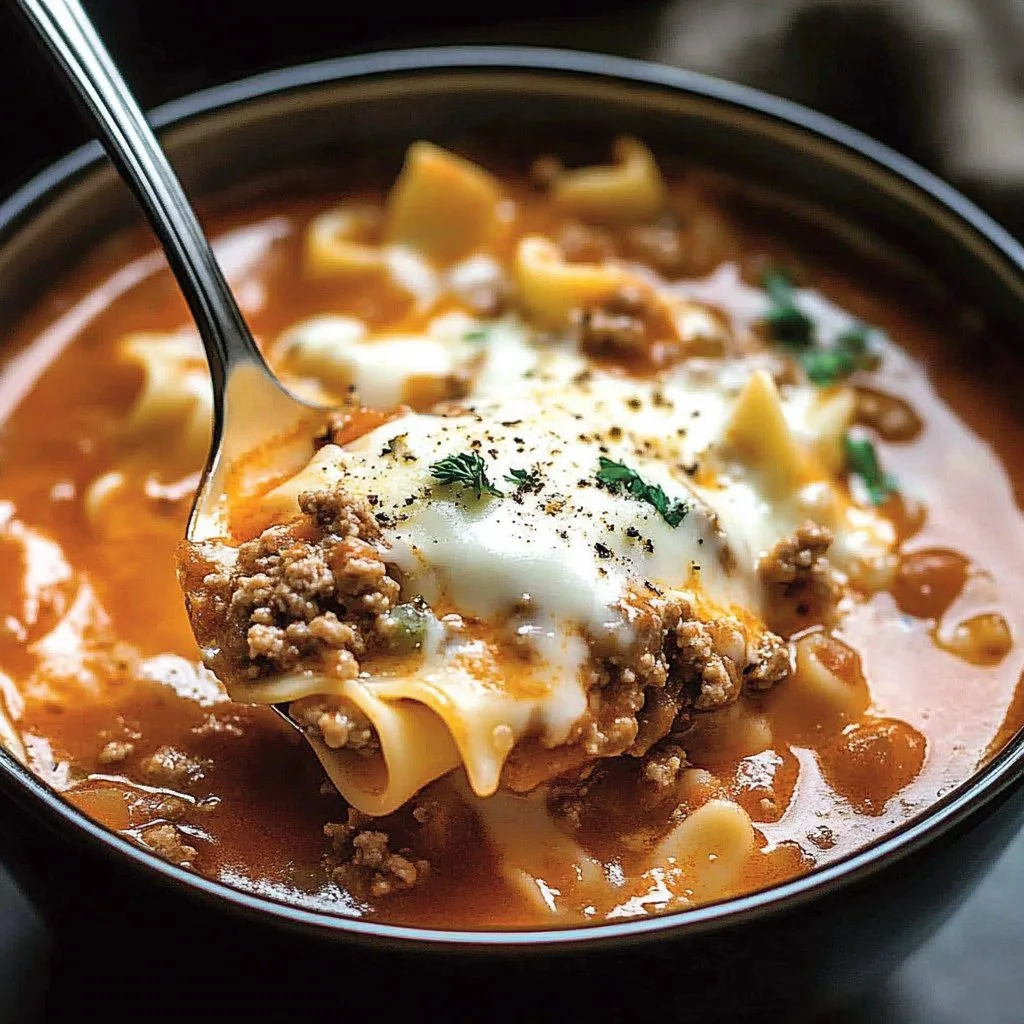 Delicious bowl of Instant Pot Lasagna Soup topped with cheese and herbs