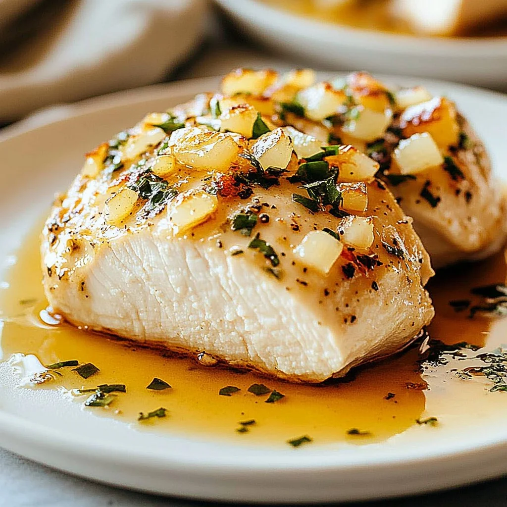 Melt in your mouth chicken breast on a plate garnished with herbs