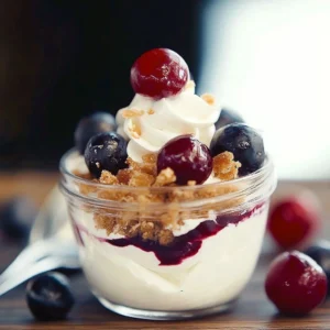 No bake cheesecake parfait layered with cherry pie filling and cream cheese.
