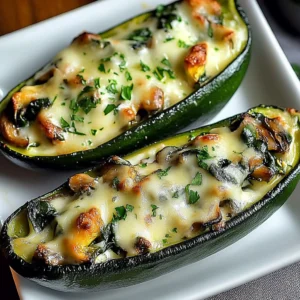 Spinach, mushroom, and ricotta stuffed zucchini boats ready to serve.