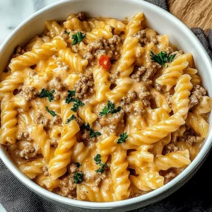 Creamy ground beef pasta dish on a stovetop garnished with herbs