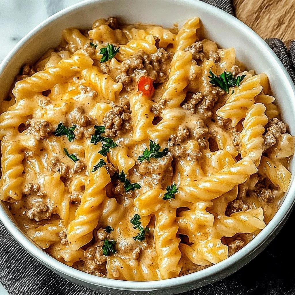 Creamy ground beef pasta dish on a stovetop garnished with herbs