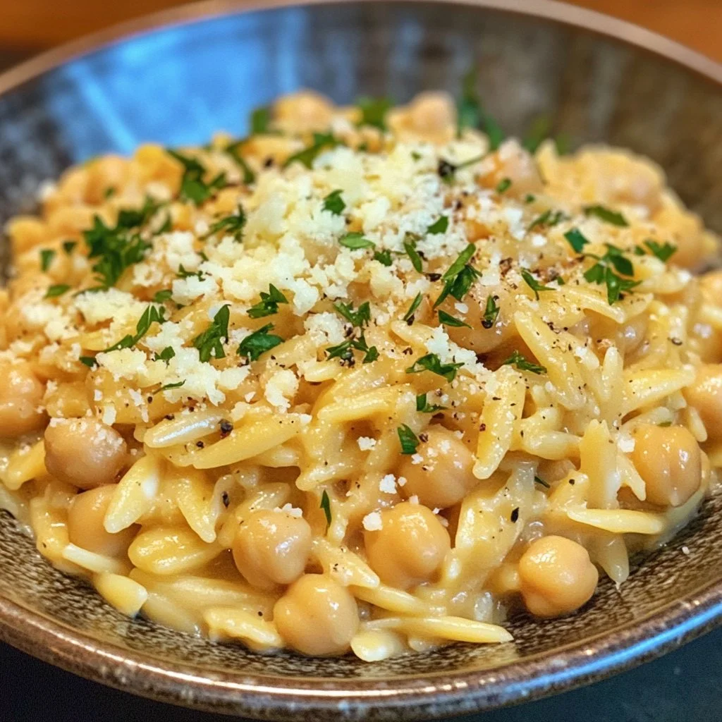 Zesty orzo pasta with creamy ricotta and chickpeas in a vibrant bowl.