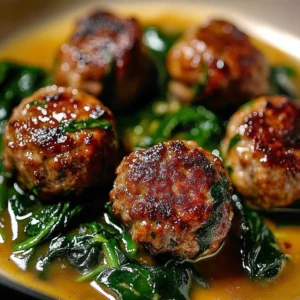 Baked chicken ricotta meatballs with spinach Alfredo sauce on a plate.