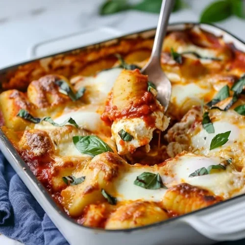 Delicious baked ricotta gnocchi topped with cheese and herbs