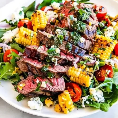 Balsamic Steak Gorgonzola Salad with Grilled Corn served on a plate