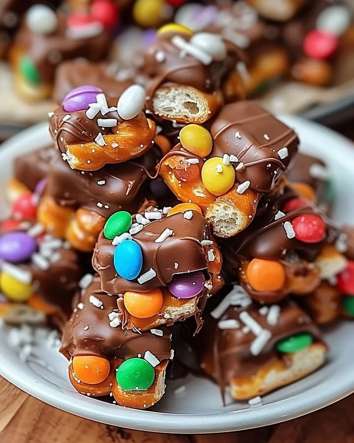 Delicious Candy Bar Pretzel Bites with chocolate and pretzel toppings.