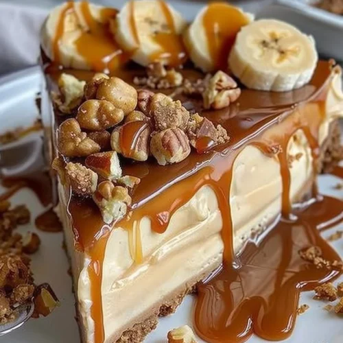 Delicious Caramel Banana Cheesecake topped with crunchy caramel bits