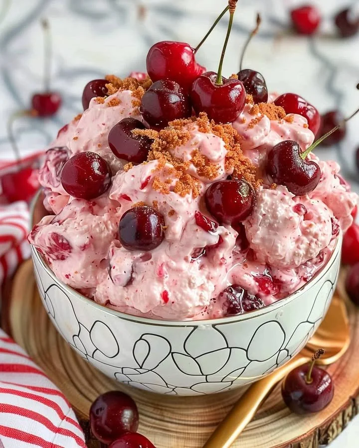 Delicious Cherry Cheesecake Cloud Dessert topped with fresh cherries and cream.