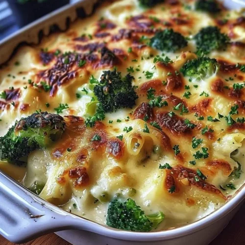 Delicious Chicken and Broccoli Baked Alfredo served in a bowl with fresh herbs
