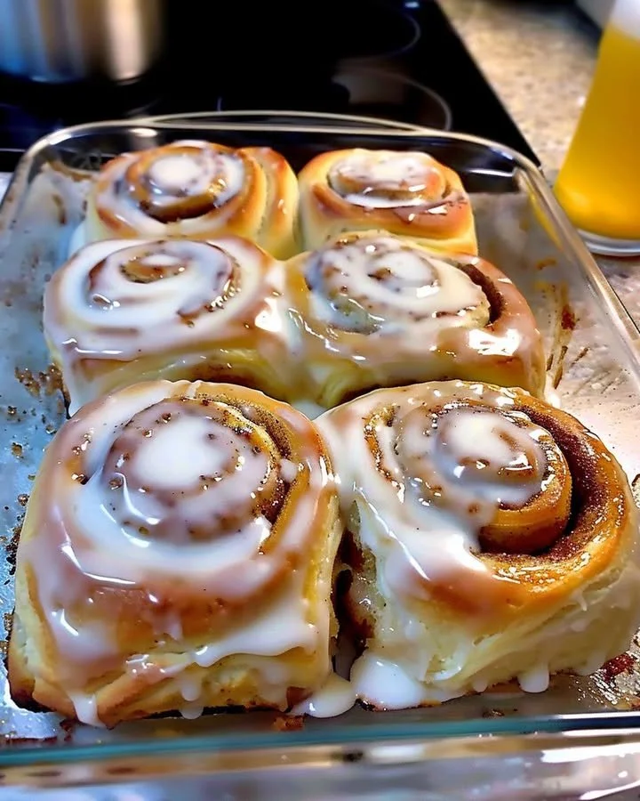 Delicious classic cinnamon rolls with creamy icing on top.