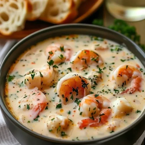 Creamy crab and shrimp seafood bisque served in a bowl with garnishes.