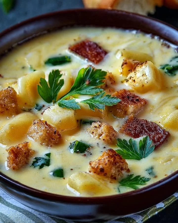 Bowl of creamy Alfredo lasagna soup garnished with herbs and cheese