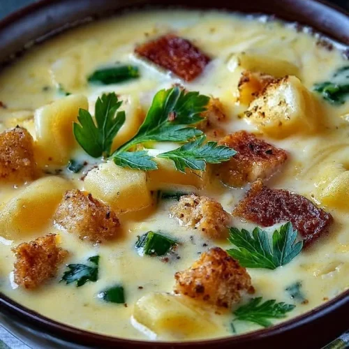 Bowl of creamy Alfredo lasagna soup topped with herbs and cheese.