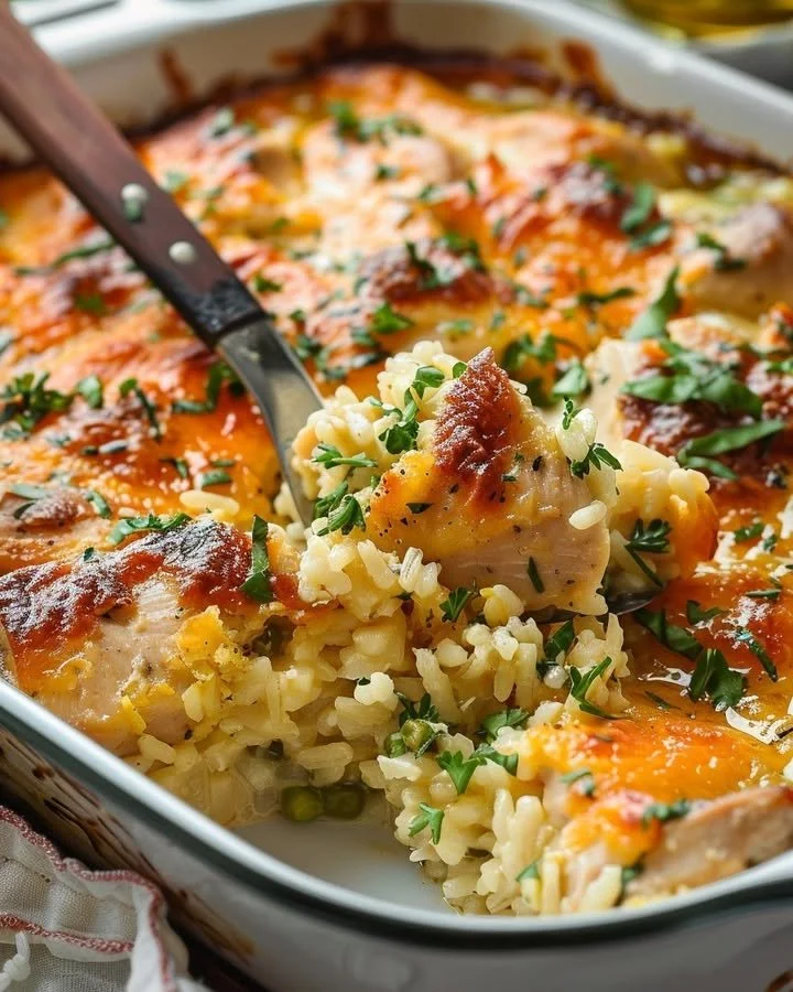 Creamy chicken and rice bake dish served in a white bowl with herbs on top.