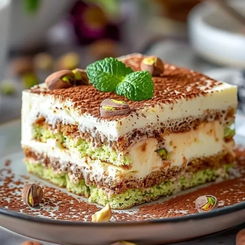 Creamy pistachio tiramisu with a nutty twist served in a dessert dish
