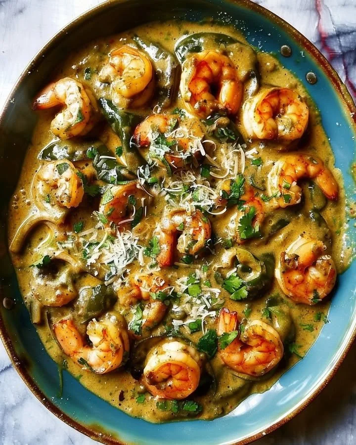 Creamy shrimp poblano dish with peppers and spices