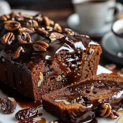 Delicious Date Coffee Loaf Cake topped with walnut pieces and espresso glaze