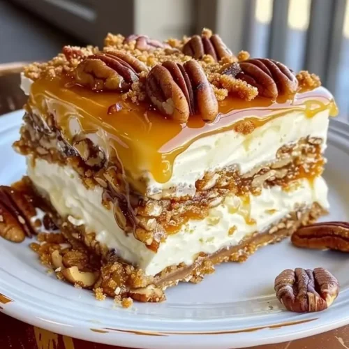 Decadent pecan pie lasagna with cream cheese and caramel layers served on a plate