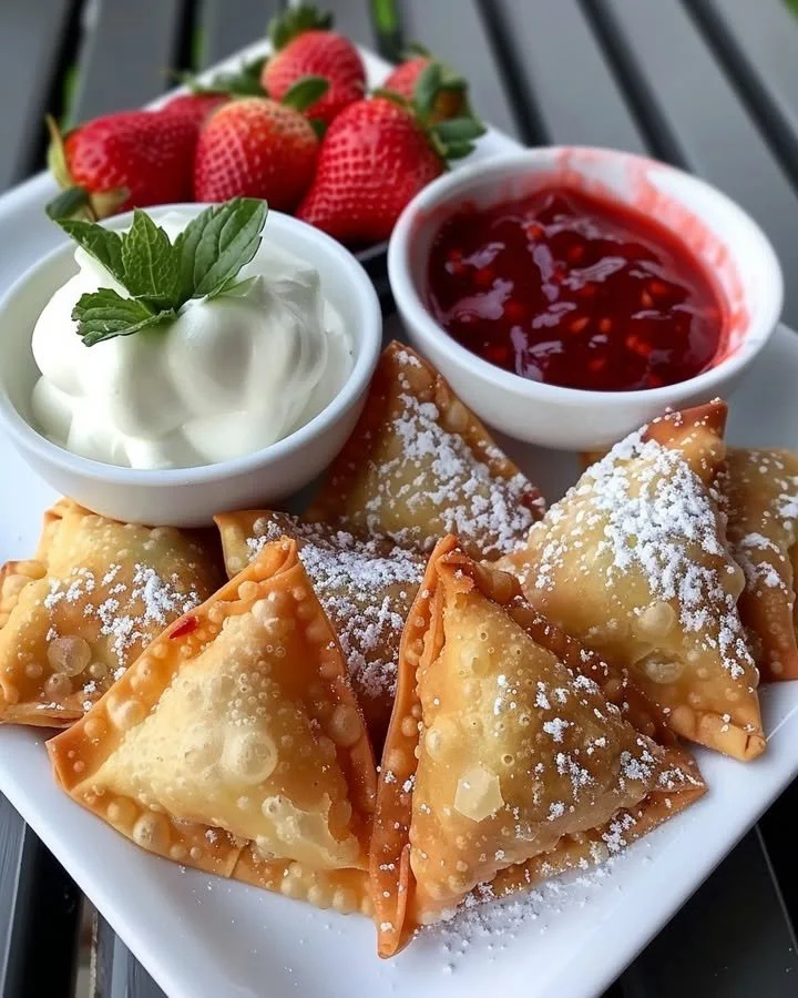 Deep-fried strawberry cheesecake stuffed wonton bites served on a plate.