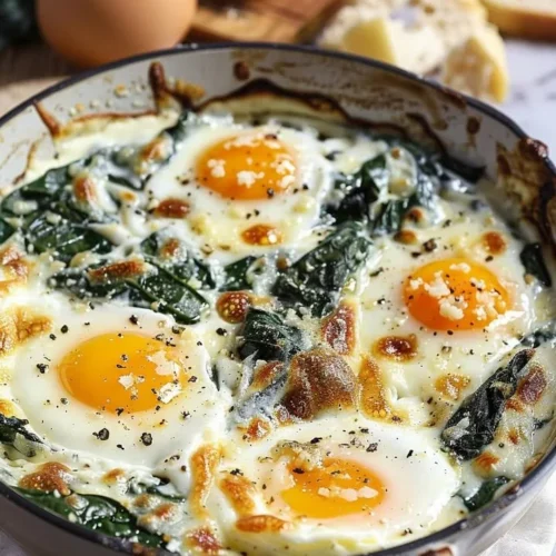 Baked eggs with lemon and parmesan spinach served in a dish