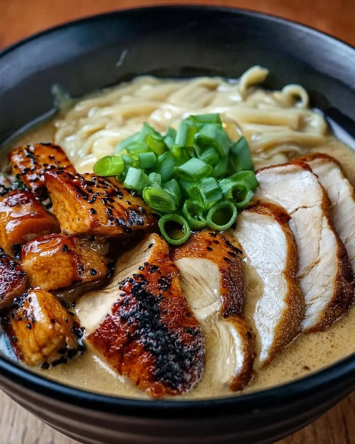 Spicy chicken ramen served in creamy garlic sauce, garnished with green onions.