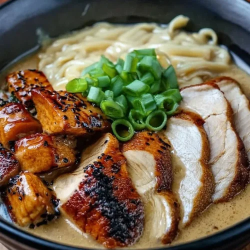 Bowl of fiery chicken ramen topped with creamy garlic sauce