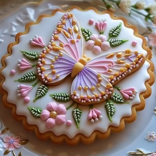 Floral butter cookies decorated with royal icing on a white plate