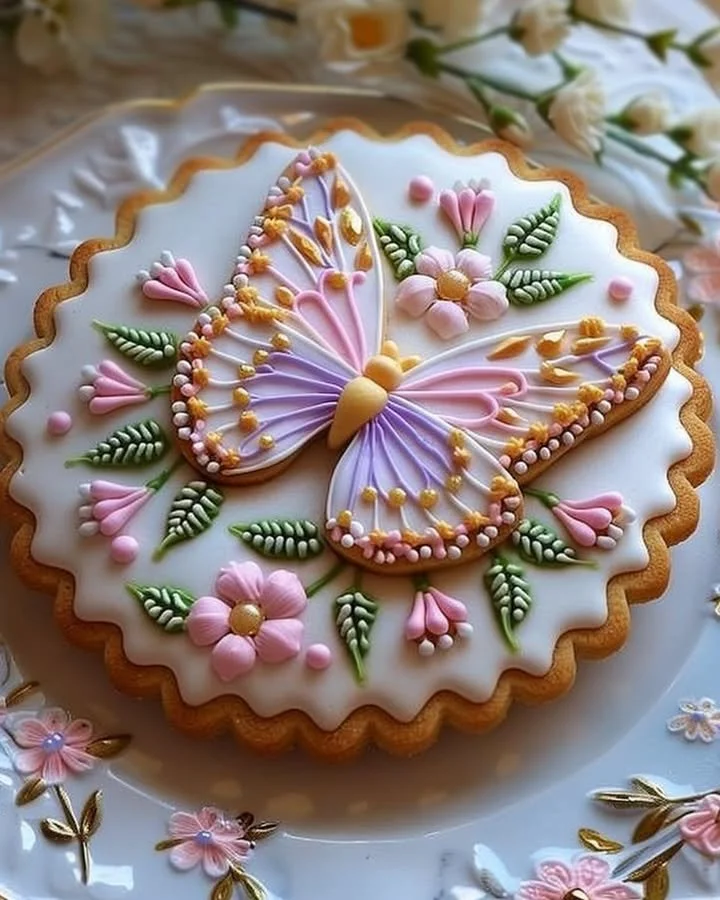 Floral butter cookies decorated with royal icing on a white plate