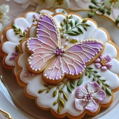 Decorative floral butter cookies adorned with royal icing designs
