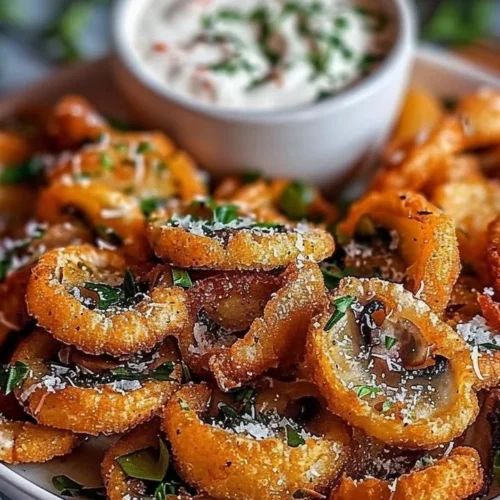 Crispy fried sliced mushrooms served with ranch dressing on a plate