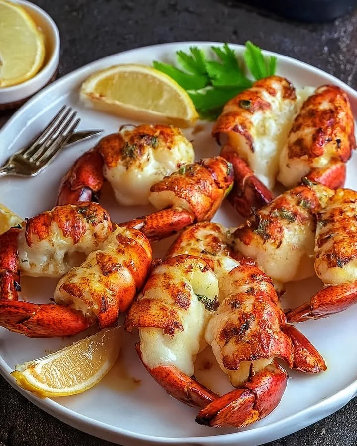 Garlic butter lobster tails prepared with fresh ingredients and served elegantly.