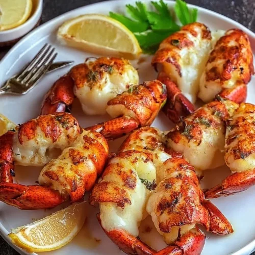 Delicious Garlic Butter Lobster Tails served with herbs and lemon