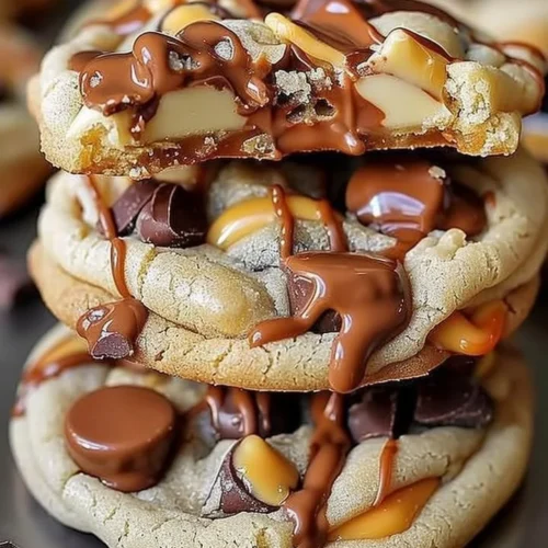 Delicious gooey Reese's cheesecake cookies topped with peanut butter cups