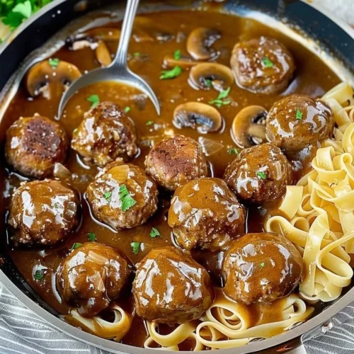 Delicious gourmet meatballs served in savory mushroom gravy