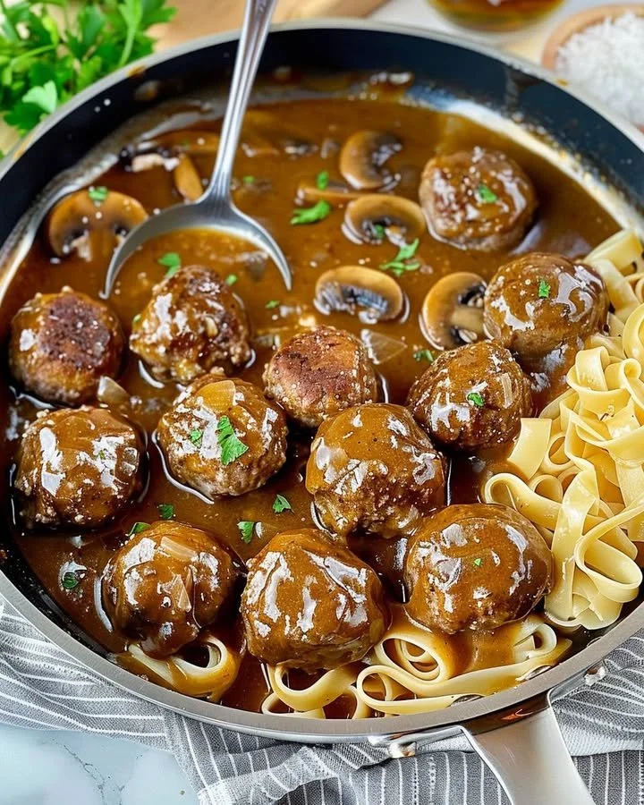 Delicious gourmet meatballs served in savory mushroom gravy