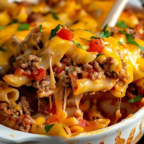 Delicious homemade Hamburger Casserole served in a baking dish