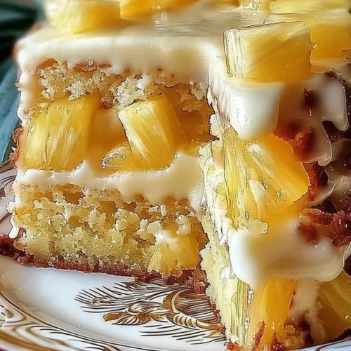 Delicious Hawaiian Pineapple Cake with fresh pineapple slices on top