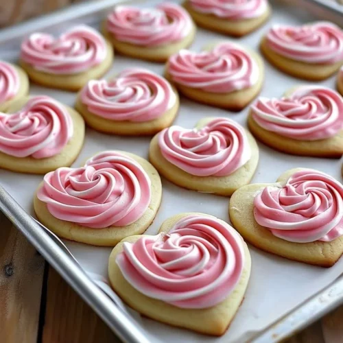 Heart-shaped sugar cookies decorated with colorful buttercream roses.