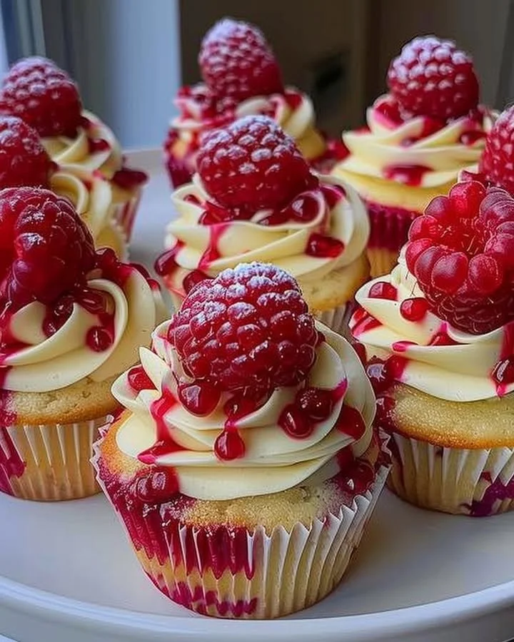 Heavenly raspberry cheesecake cupcakes topped with fresh raspberries.