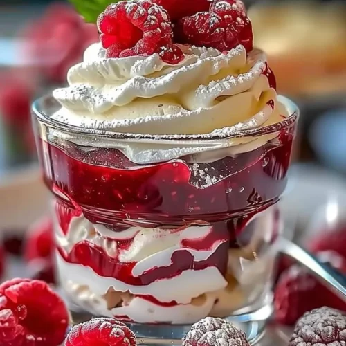 Heavenly raspberry white chocolate mousse parfait served in a glass.