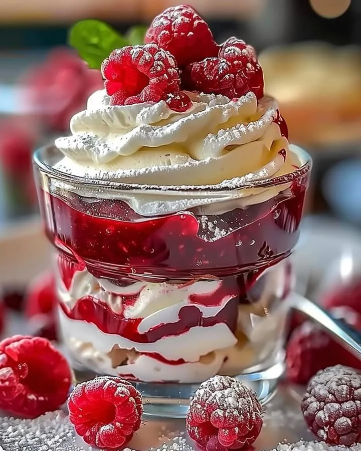 Heavenly raspberry white chocolate mousse parfait served in a glass.