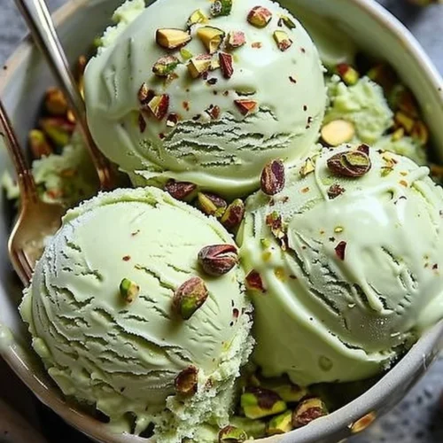 Creamy high protein pistachio ice cream served in a bowl with nuts on top.