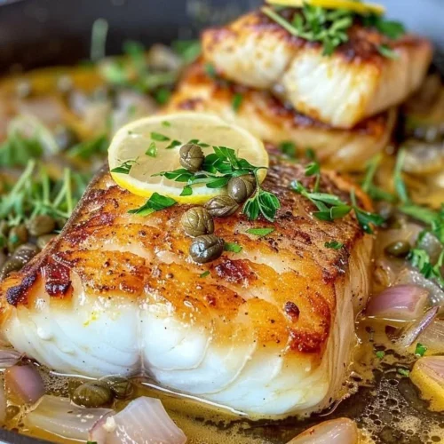Lemon Caper Butter Chilean Seabass served on a plate