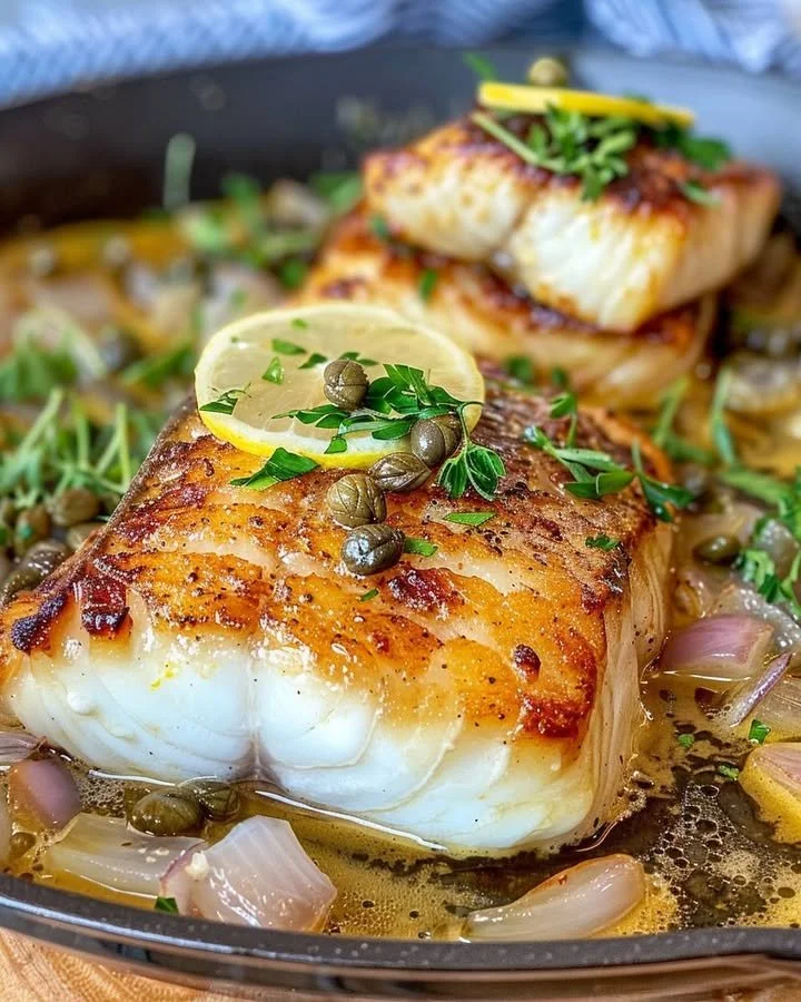Lemon Caper Butter Chilean Seabass served on a plate