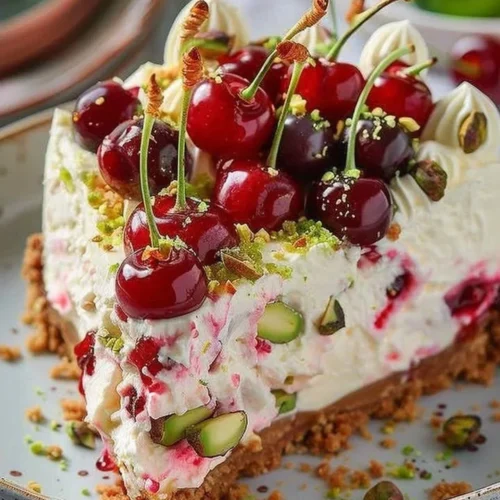 Luscious Lemon-Lime Cherry Pistachio Cheesecake with vibrant colors and toppings