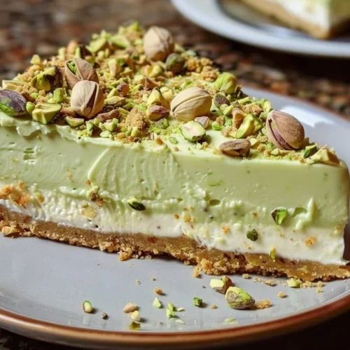 Luxurious pistachio cheesecake slice with creamy texture and green pistachio topping.