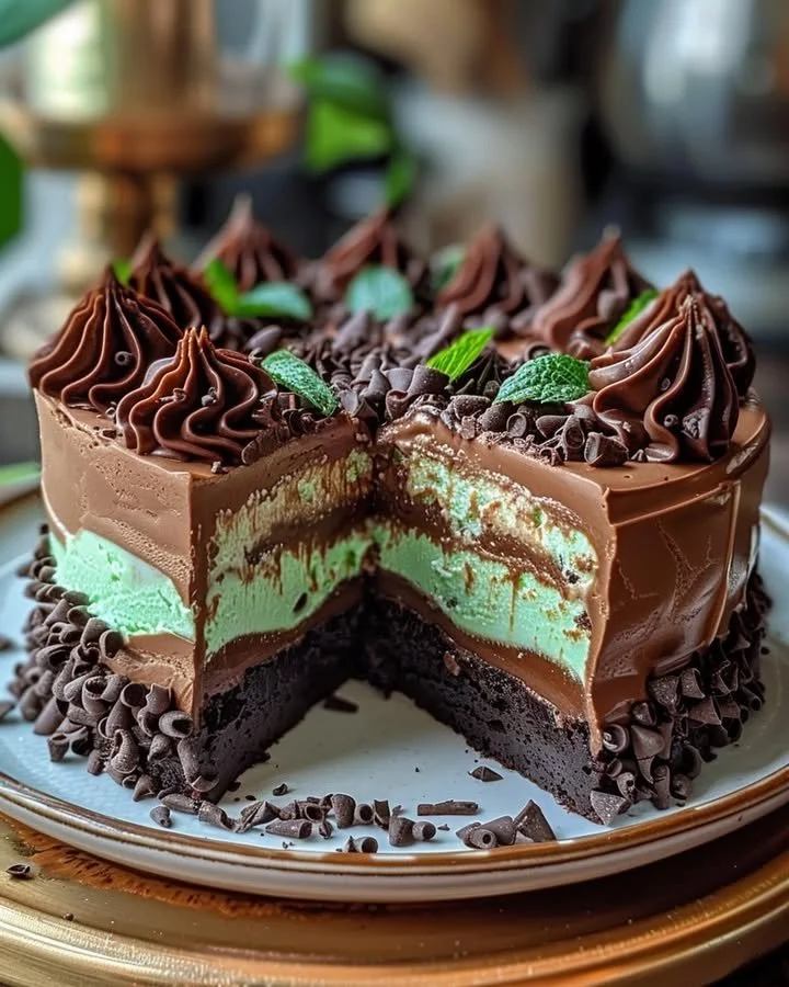 Delicious Mint Chocolate Fudge Cheesecake Cake with a minty chocolate topping.